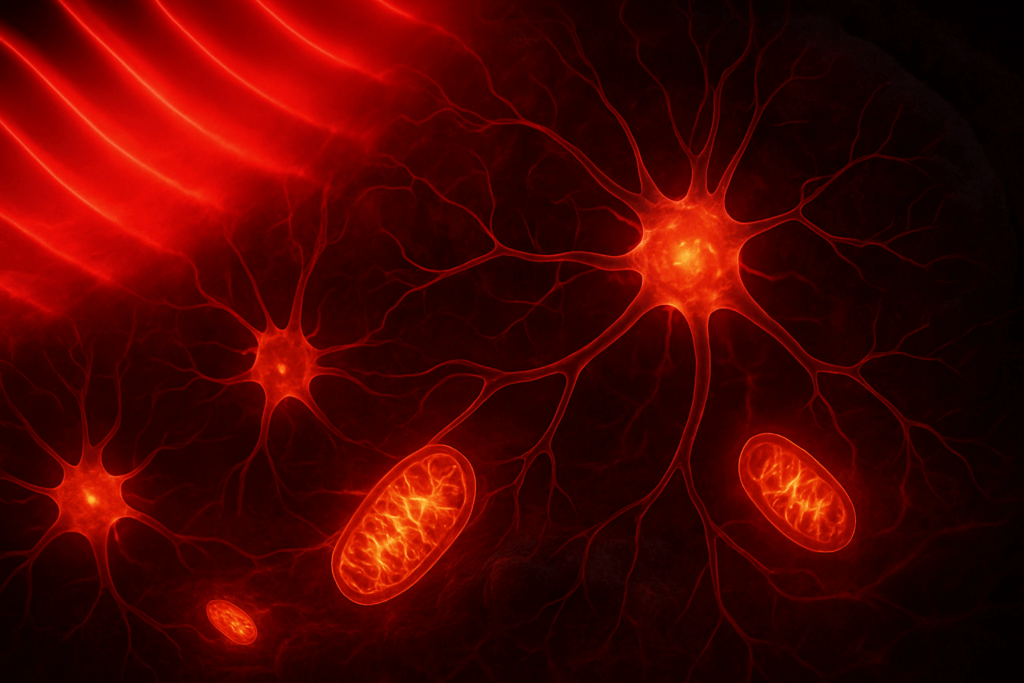 Red LED lights penetrating human brain tissue, illuminating neurons and mitochondria to showcase cellular activation and energy flow