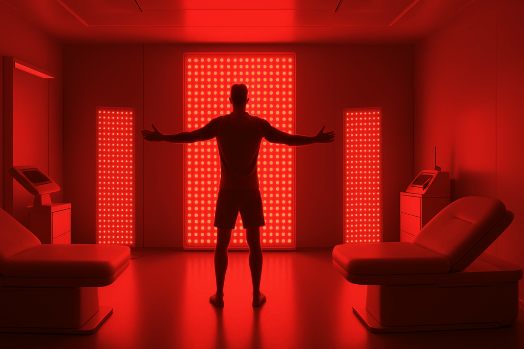 Person standing with arms outstretched under red light therapy panels in a futuristic wellness clinic promoting no more colds