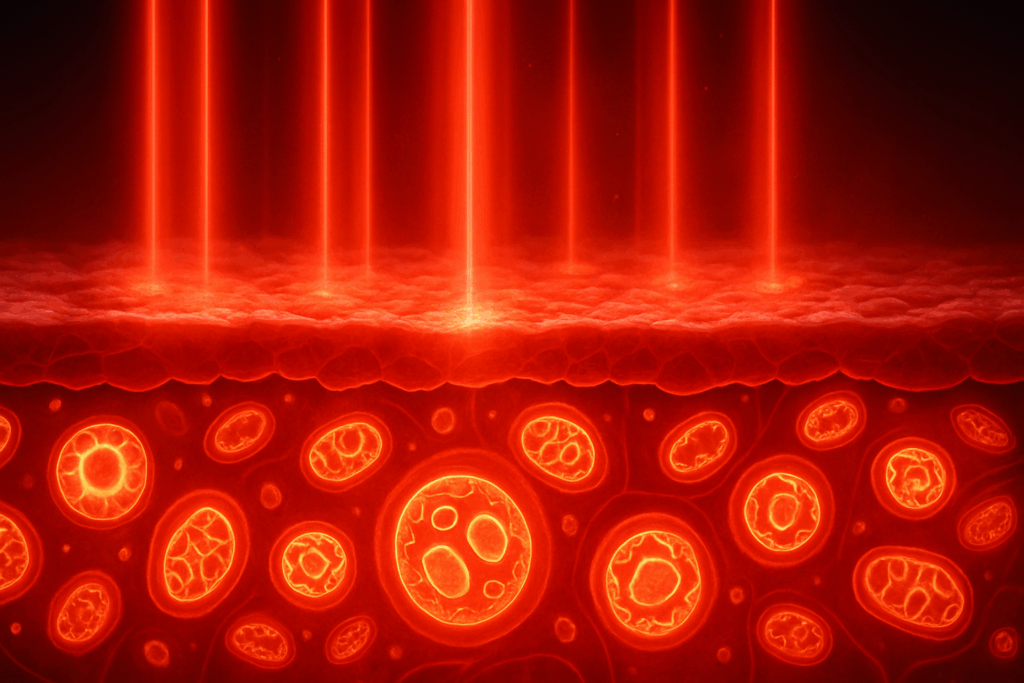 Red and near-infrared light beams energizing skin cells and mitochondria, promoting healing and boosting immunity for no more colds