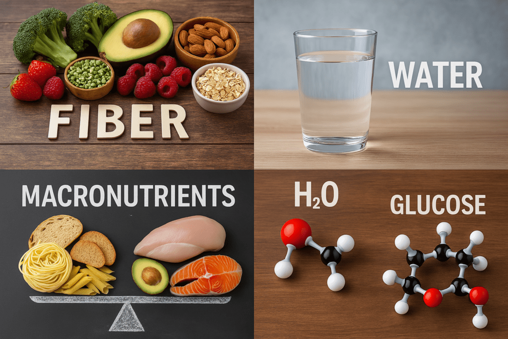 A photorealistic overhead view of a wooden table featuring high-fiber foods like broccoli, lentils, chia seeds, avocado, raspberries, and whole grain bread, arranged neatly beside a small nutrition facts chart highlighting fiber content.