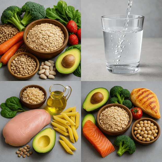 "A high-quality composite image divided into four quadrants, creatively expressing the theme of nutrition balance. The first quadrant showcases fiber-rich foods like vegetables and legumes. The second features a glass of water mid-pour, emphasizing hydration. The third quadrant includes protein, carbs, and fats like chicken, quinoa, avocado, and pasta. The fourth section displays a mix of macronutrient sources, including salmon, oats, and roasted vegetables, highlighting the chemistry of macronutrient balance."