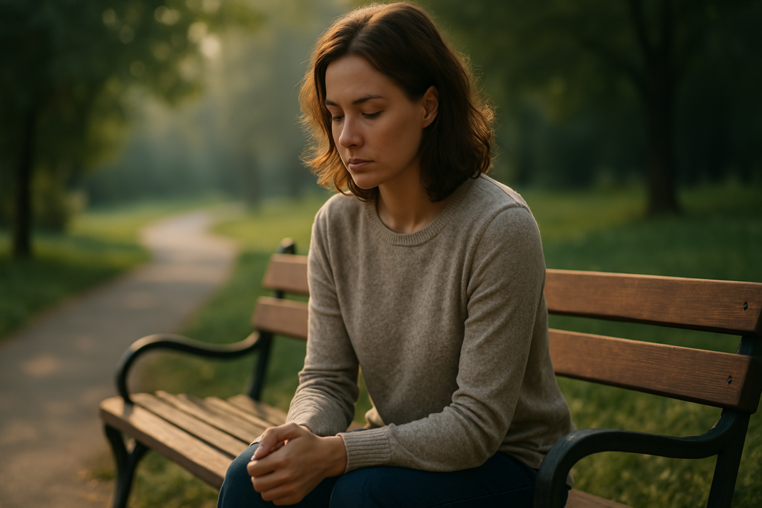A young woman with chestnut wavy hair sits in quiet reflection on a wooden park bench during early morning light. Surrounded by soft greenery and a blurred background of trees and pathways, the serene outdoor setting visually emphasizes themes of circadian rhythm, solitude, and the connection between timing and mental well-being.