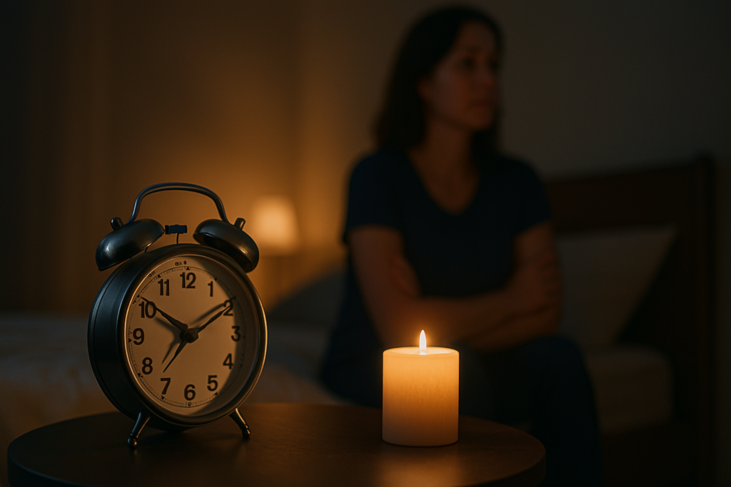 A dimly lit bedroom scene features a glowing candle and an analog alarm clock on a bedside table, casting warm ambient light across the space. The faint silhouette of a contemplative woman in the background suggests themes of circadian rhythm disruption, sleep timing, and the emotional impact of nighttime routines.