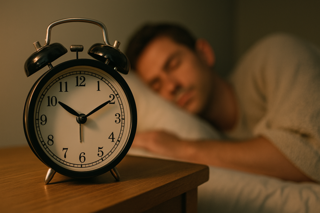 A close-up of a classic analog alarm clock on a wooden nightstand, sharply focused in the foreground, with a man sleeping in the softly lit background. The image symbolizes the importance of circadian timing and how sleep cycles are regulated by hormonal rhythms.