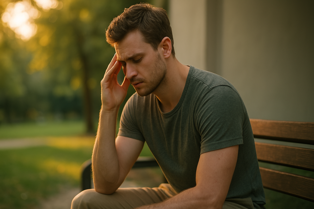 A young man sits alone on a wooden bench in a peaceful, green outdoor setting, bathed in warm late-afternoon sunlight. His contemplative posture and furrowed brow evoke the emotional impact of circadian rhythm disruption on mood and mental clarity.