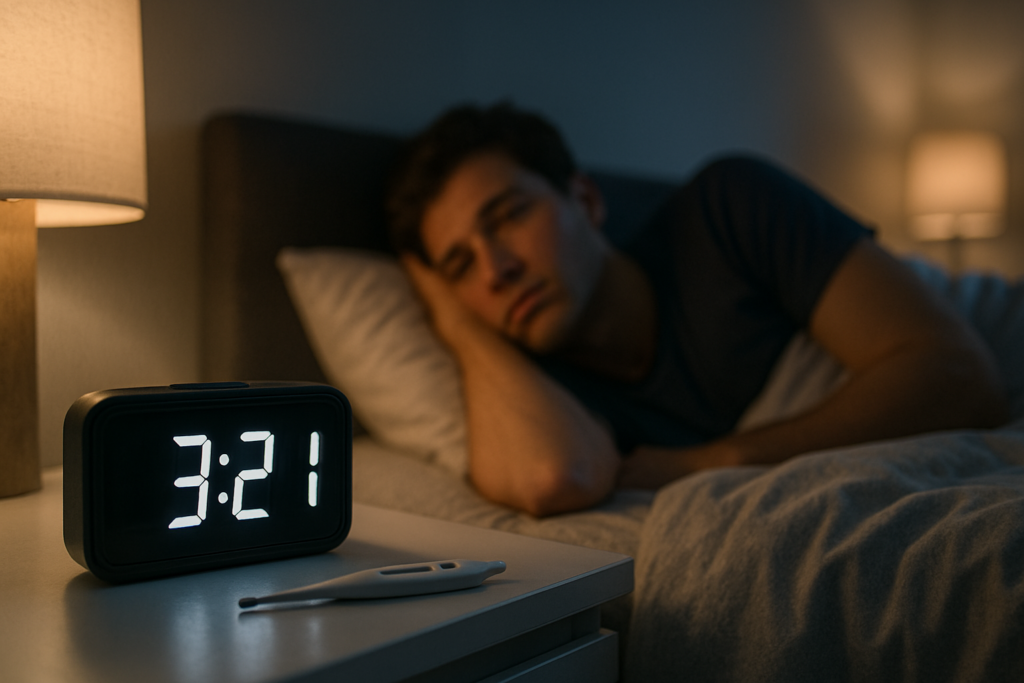 In a dimly lit bedroom at night, a glowing digital alarm clock reading "3:21" and an unused thermometer rest on a white bedside table, softly illuminated by a cream-colored lamp. A young man lies blurred in the background, his gaze fixed on the clock, visually portraying the connection between circadian rhythm disruption, sleep disturbance, and internal body temperature.