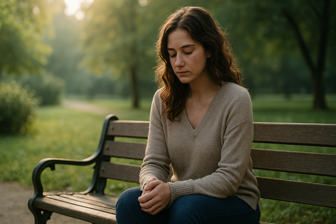 A young woman in a beige sweater and jeans sits quietly on a wooden park bench, bathed in warm morning sunlight and surrounded by lush greenery. Her calm posture and relaxed expression visually reflect the balance of circadian rhythm and body temperature regulation, evoking a natural sense of alignment with sleep and energy cycles.