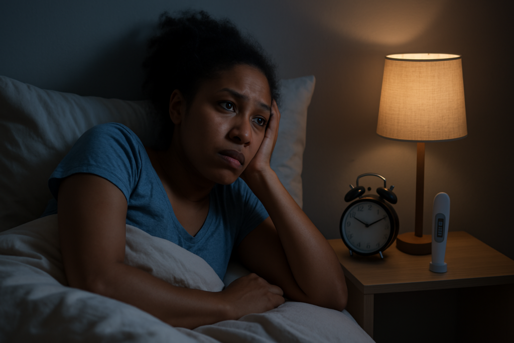 A young African American woman lies awake in bed under dim, moody lighting, staring at the ceiling with a pensive expression as a digital thermometer and alarm clock rest beside her. The scene evokes how circadian rhythm and body temperature changes can disrupt sleep quality and affect nighttime restfulness.