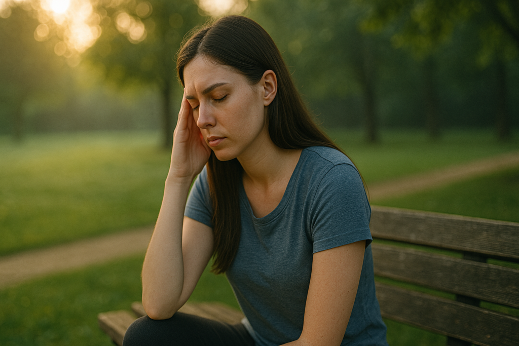 A young woman sits quietly on a park bench surrounded by early morning greenery, her expression calm and introspective in the golden natural light. The image visually captures the circadian rhythm's connection to energy and mood regulation in a peaceful outdoor setting.