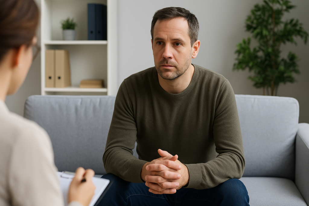 A middle-aged man with short dark hair sits on a minimalist gray couch in a well-lit therapist’s office, hands clasped and brows slightly furrowed, conveying thoughtful engagement. The calm, professional setting and his reflective posture tie into themes of sleep disorders, long-term use of antihistamine-based sleep aids, and the search for safe, effective treatment options.