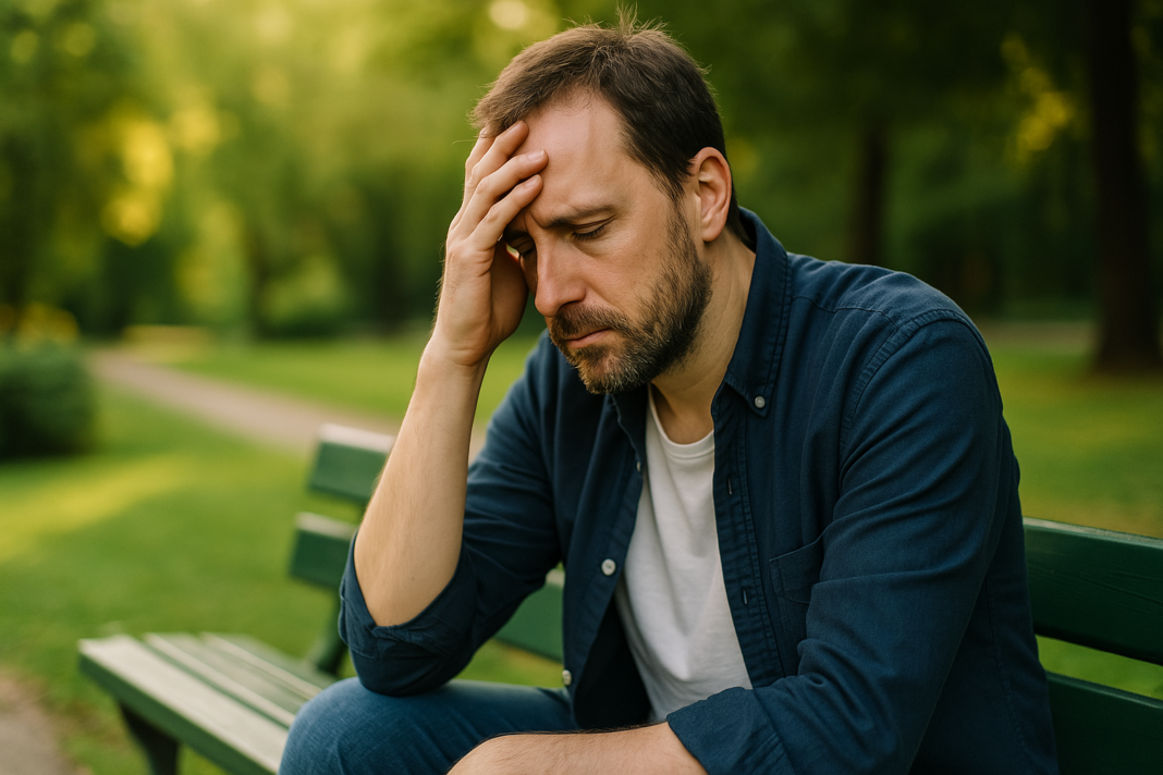 A light-skinned man in his late 30s sits alone on a green park bench, head resting in his hand with eyes closed in contemplation. The soft golden afternoon light and quiet greenery suggest emotional fatigue, evoking the theme of Benadryl melatonin and other sleep aids as potential solutions for insomnia or restlessness.