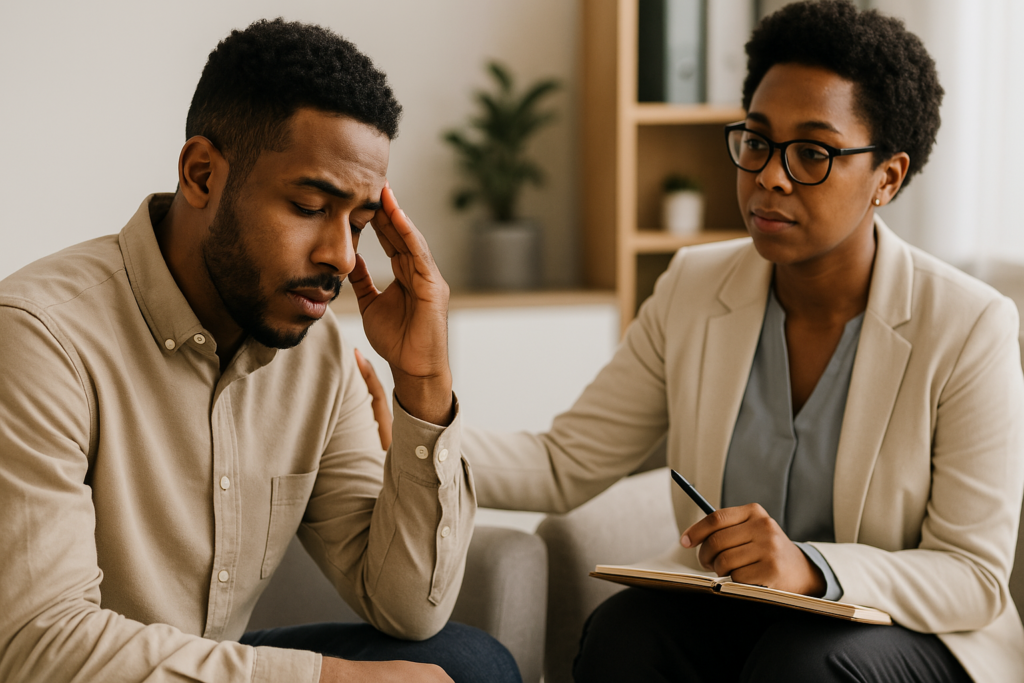 A young African American man sits on a couch in a calming, sunlit room, visibly distressed with his hand on his head, while a female therapist offers comfort with a hand on his shoulder. This emotionally resonant image ties into the article’s theme of seeking guidance and understanding potential side effects from antihistamine-based sleep aids.