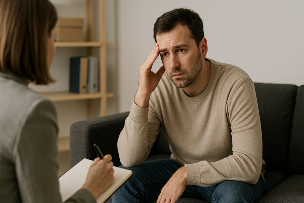 A concerned man sits across from a female therapist in a softly lit counseling room with neutral decor, expressing distress while the therapist takes notes. The image underscores the psychological and emotional themes explored in discussions about long-term use of antihistamine melatonin sleep aids.