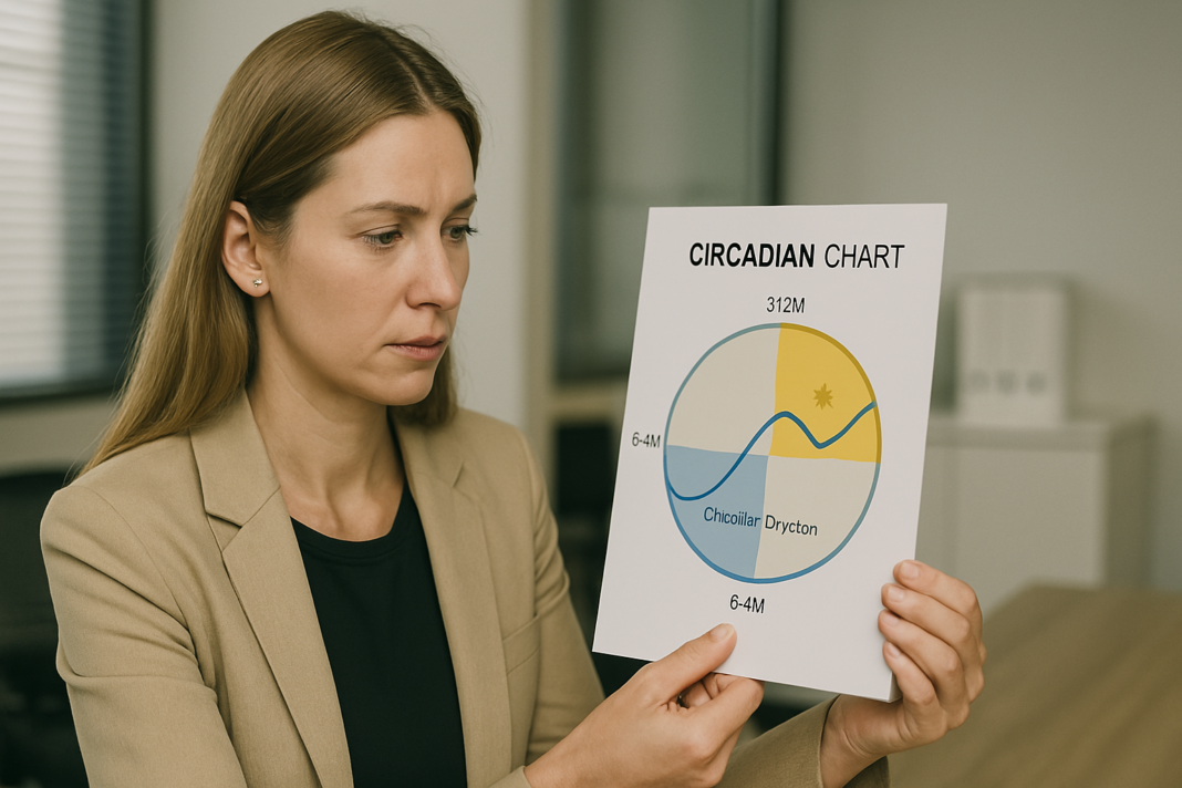 A woman in a beige blazer examines a printed circadian chart in a bright office space, her expression focused as she studies the time-based diagram. The clean, professional setting emphasizes the application of circadian rhythm science in health and workplace contexts.