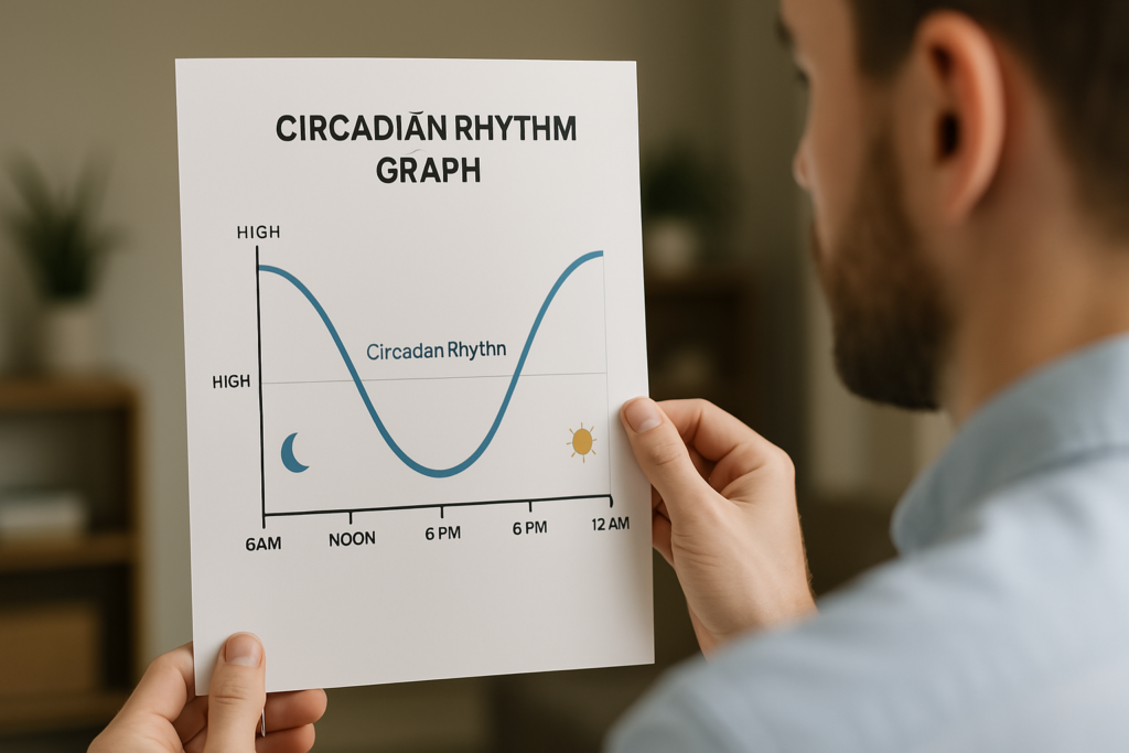 A partially visible man holds a circadian rhythm graph marked with a sinusoidal curve and symbols for day and night, lit by natural light in a neutral-toned space. The image highlights how a circadian chart visually explains the science of the body’s internal clock.