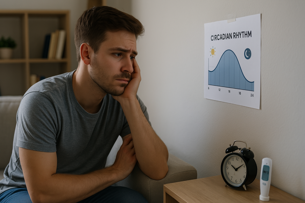 A young man studies a printed circadian rhythm graph in a softly lit, minimalist room with a plant and bookshelf in the background. The setting and his focused posture reinforce the theme of understanding the circadian rhythm graph and its impact on the body clock.
