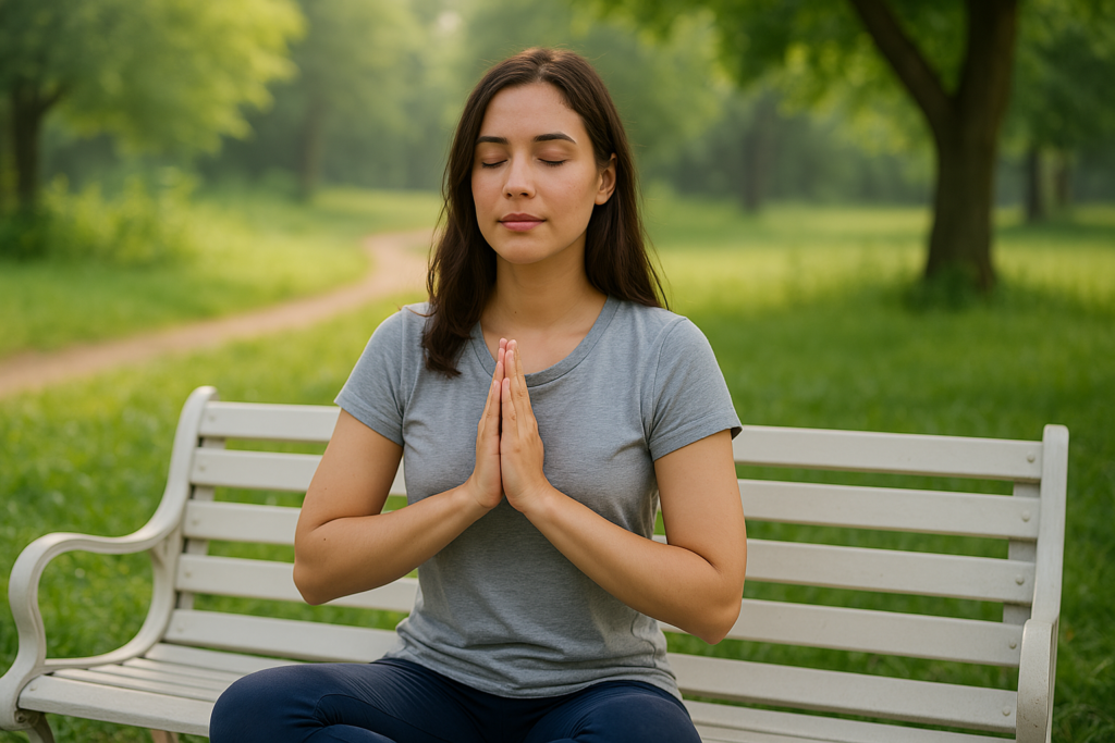 A light-skinned woman sits in a meditative pose on a white metal bench, eyes closed and hands together, framed by dappled sunlight in a peaceful park. The tranquil scene emphasizes mindfulness and meditation as natural techniques to improve sleep quality.