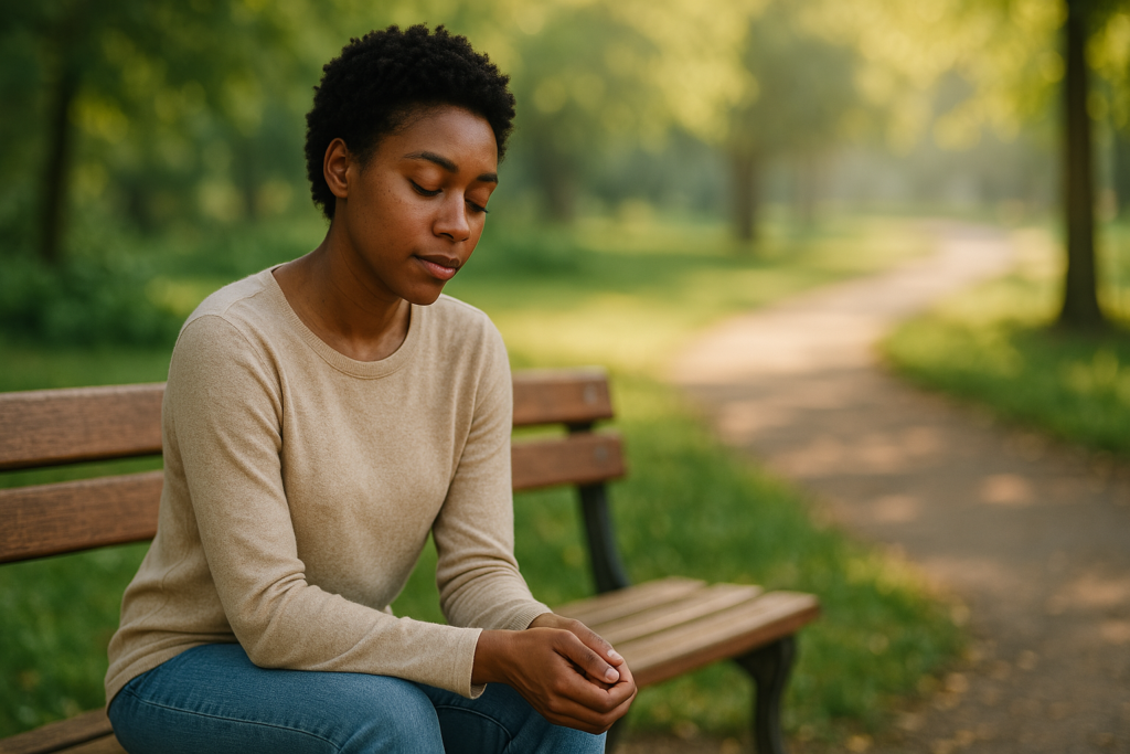 A young African American woman sits calmly on a wooden park bench, surrounded by warm morning light and lush greenery. Her relaxed posture and serene expression visually convey the benefits of natural relaxation methods that promote better sleep without medication.