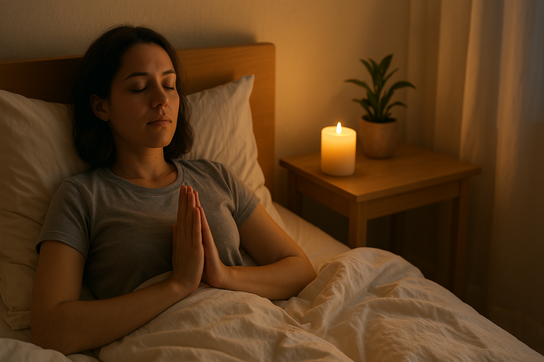 A young woman lies calmly in bed at night, practicing a relaxation exercise as a warm candlelight glows beside her on a nightstand. The serene atmosphere and soft lighting evoke natural bedtime routines that support falling asleep without the need for sleep aids.