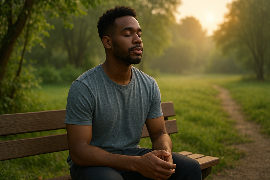 A young African American man meditates on a wooden bench in a sunlit park, seated upright with open palms as soft morning light filters through the trees. The peaceful setting and his focused posture visually emphasize natural sleep techniques like mindfulness and relaxation to improve rest without medication.