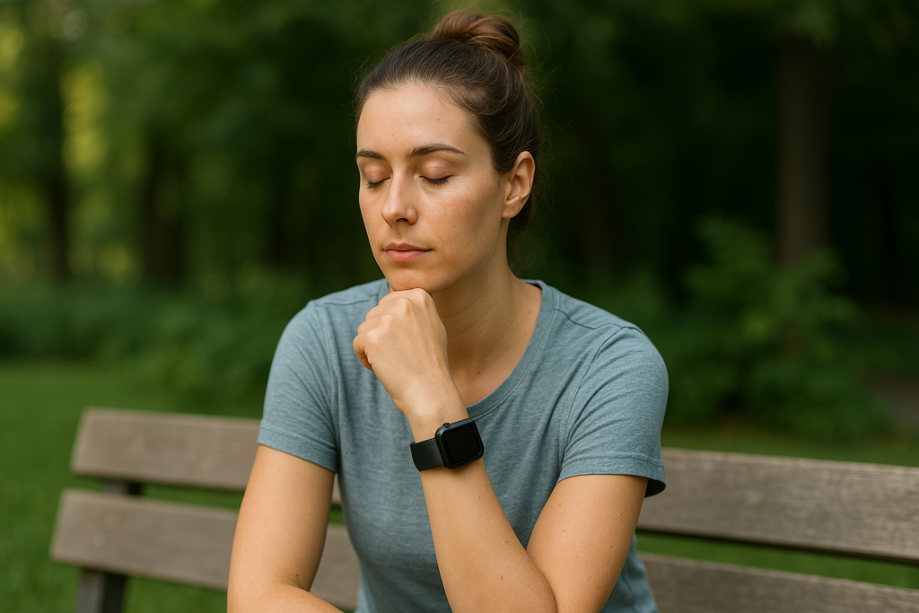 A young woman with brown hair in a bun sits quietly on a weathered wooden bench in a serene outdoor park, her expression calm and introspective. The natural light and tranquil surroundings suggest the role of lifestyle awareness and restfulness in enhancing sleep tracking insights.