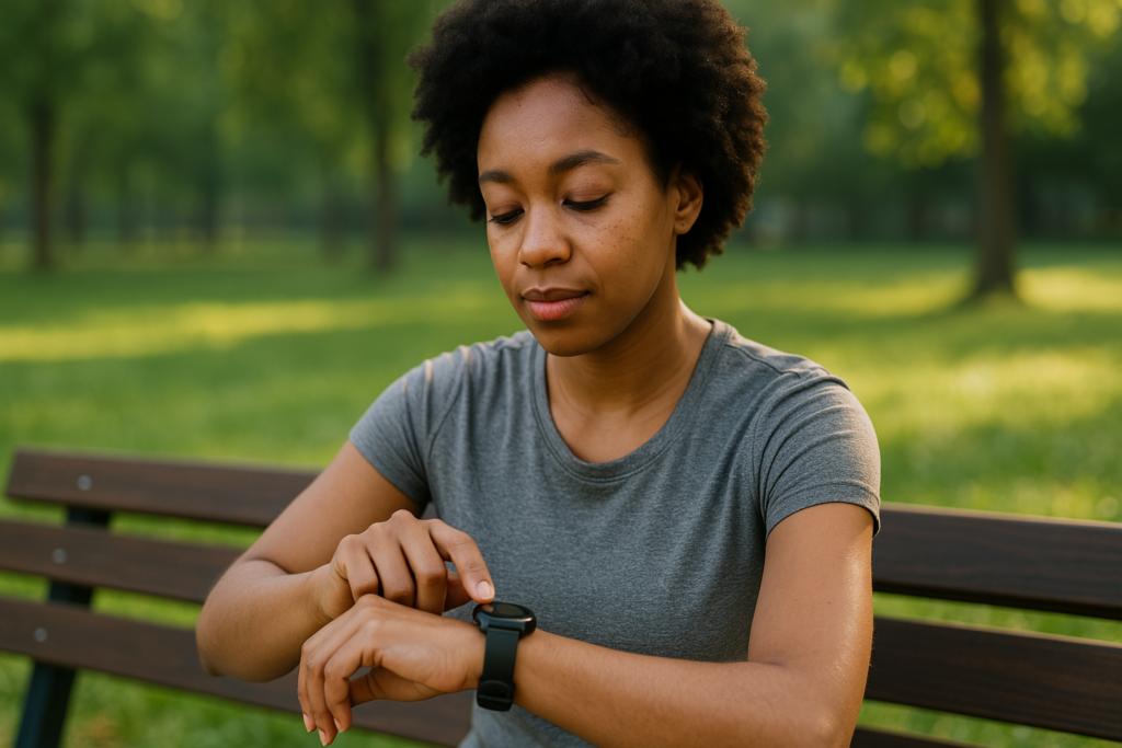 A young African American woman sits on a wooden park bench during early morning light, attentively checking the sleep tracker on her wrist. The natural setting and her focused demeanor visually reinforce the use of wearable tech to monitor sleep and recovery in real-life contexts.
