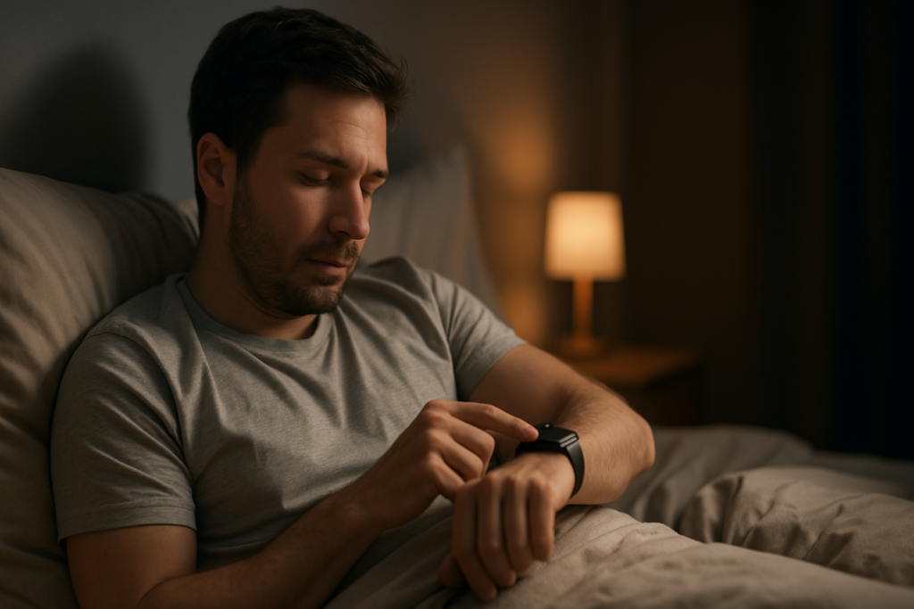 A light-skinned man lies in bed at night, illuminated by a soft bedside lamp as he reviews sleep data on his smartwatch. The quiet, dimly lit setting supports the article’s theme of using a sleep tracker watch for accurate nighttime sleep monitoring.