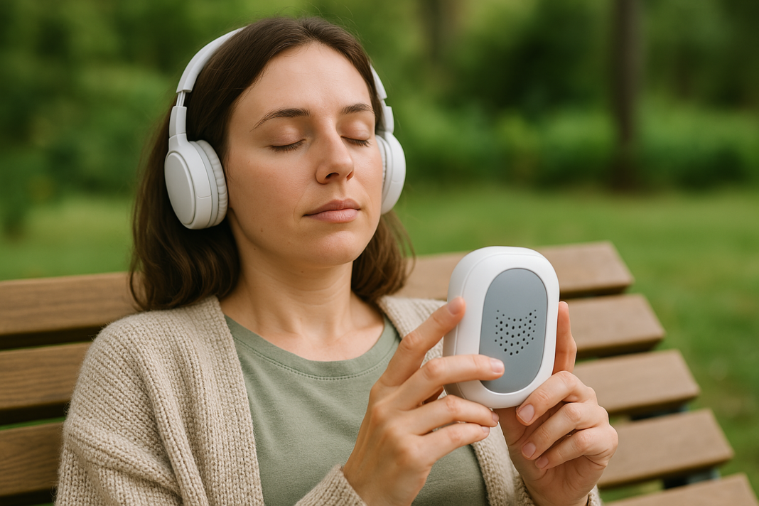 A young woman reclines on a wooden bench in a peaceful garden, wearing headphones and holding a sleek electronic sleep aid. Her relaxed posture and cozy attire suggest the soothing role of audio-based sleep devices in promoting natural rest.