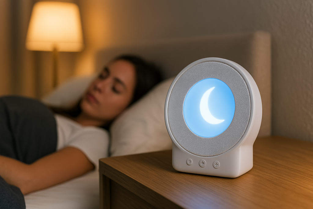 A white, circular electronic sleep aid with a blue crescent light glows softly on a wooden nightstand, while a woman sleeps quietly in the background. The tranquil scene highlights the practical role of sleep devices in supporting restful nights and recovery.