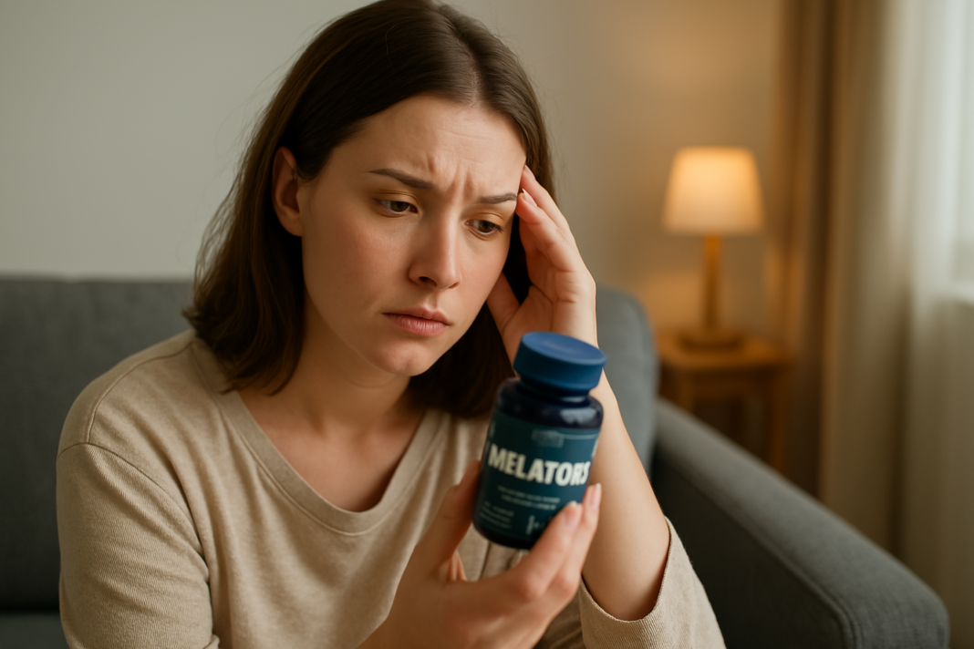 A young woman with shoulder-length brown hair sits on a gray sofa in a softly lit living room, holding a dark blue melatonin bottle and reading the label with a pensive look. The relaxed indoor setting underscores the importance of making informed choices about OTC melatonin supplements.