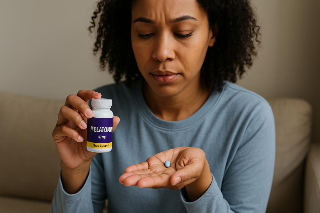 A young African American woman sits on a sofa in a cozy, neutrally lit room, examining a blue pill in one hand while holding a melatonin bottle in the other. Her contemplative expression and the clean background reinforce the article’s theme of evaluating safe, effective sleep aids for adults.