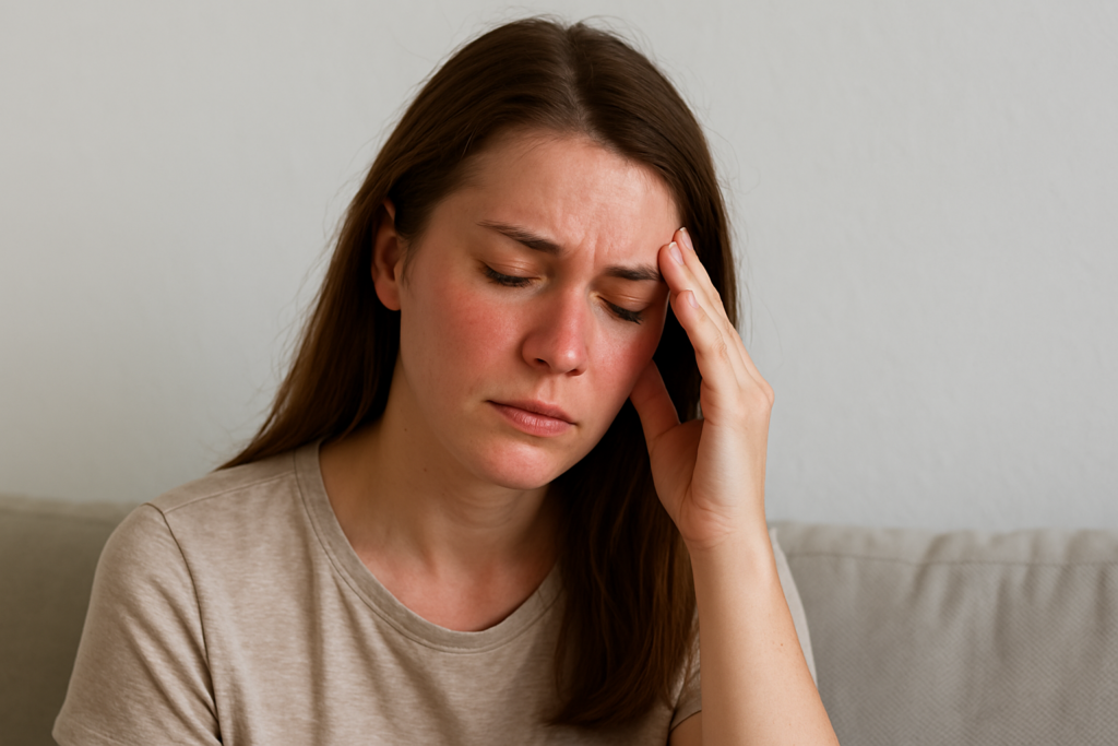 A young woman with light skin and dark brown hair closes her eyes and gently presses her hand to her temple, her face showing subtle redness and signs of exhaustion. The soft natural lighting and muted background highlight the physical and emotional fatigue associated with sleep deprivation.
