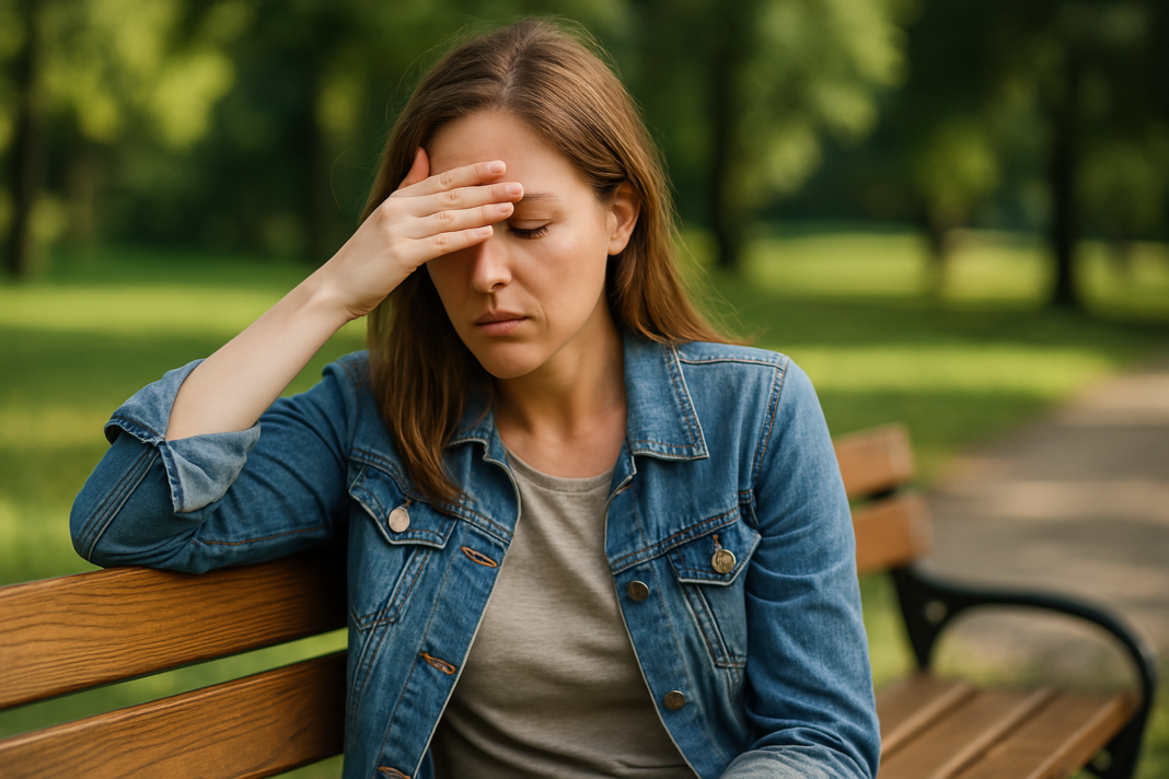 A young woman with light brown hair sits on a weathered wooden park bench, shielding her eyes from the sunlight with one hand. Dressed casually in a denim jacket and beige t-shirt, her expression and body language suggest fatigue, highlighting the visible effects of sleep deprivation.