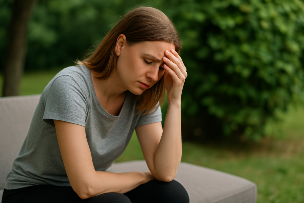 A young Caucasian woman with light brown hair sits on a gray bench outdoors, resting her hand on her forehead with a weary expression. Surrounded by greenery and illuminated by soft daylight, the image captures the visible toll of sleep loss on mood and energy.