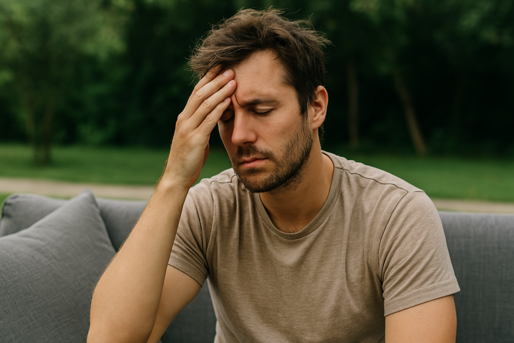 A young Caucasian man in a beige t-shirt sits slouched on a gray outdoor sofa, resting his forehead against his hand with a weary expression. Surrounded by soft greenery and natural lighting, the image visually reinforces emotional exhaustion caused by lack of sleep.