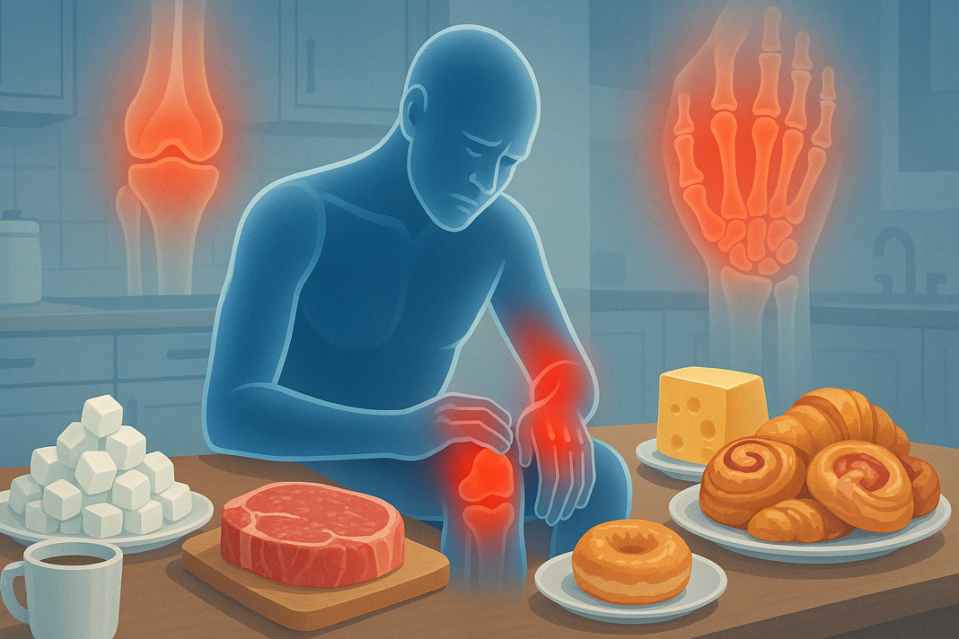 Person with inflamed joints surrounded by the 5 worst foods for arthritis, including sugar, red meat, cheese, and pastries