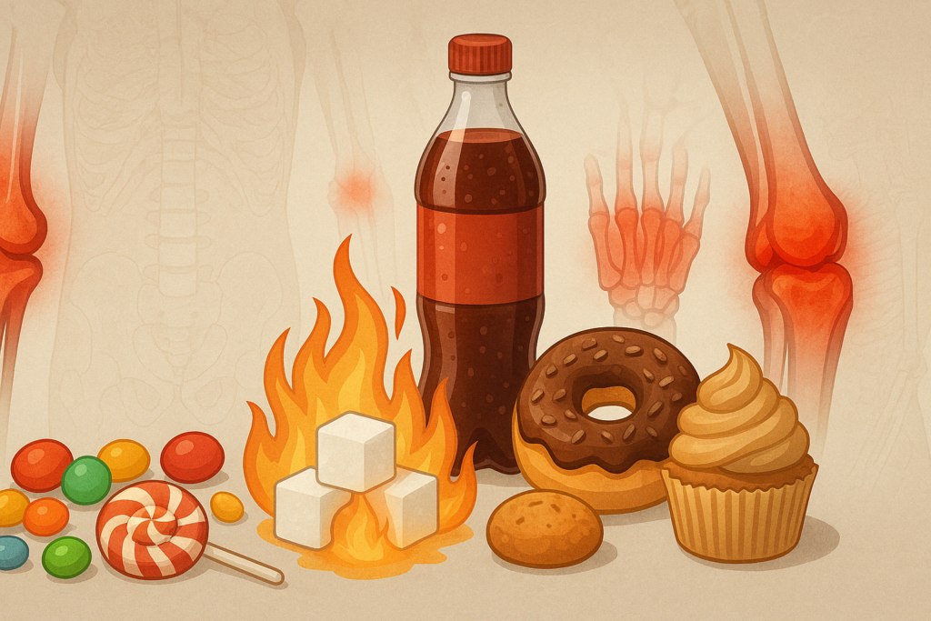 Sugar cubes melting into flames surrounded by soda, candies, and pastries with inflamed joints in the background, illustrating the 5 worst foods for arthritis.