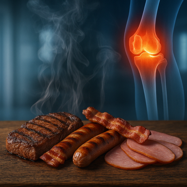 Grilled steak, bacon, sausages, and deli meats on wood with smoke rising into an inflamed red joint—one of the 5 worst foods for arthritis.
