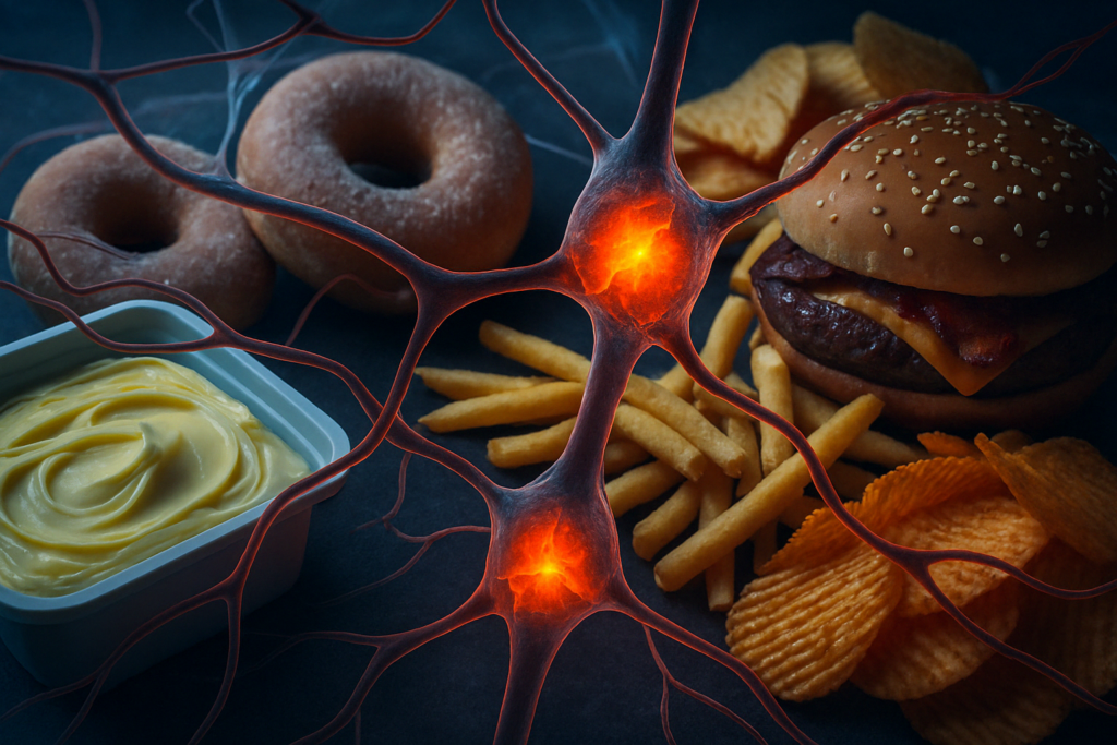 Processed foods like margarine, donuts, fries, and chips symbolizing the 5 worst foods for arthritis with inflamed artery overlay.