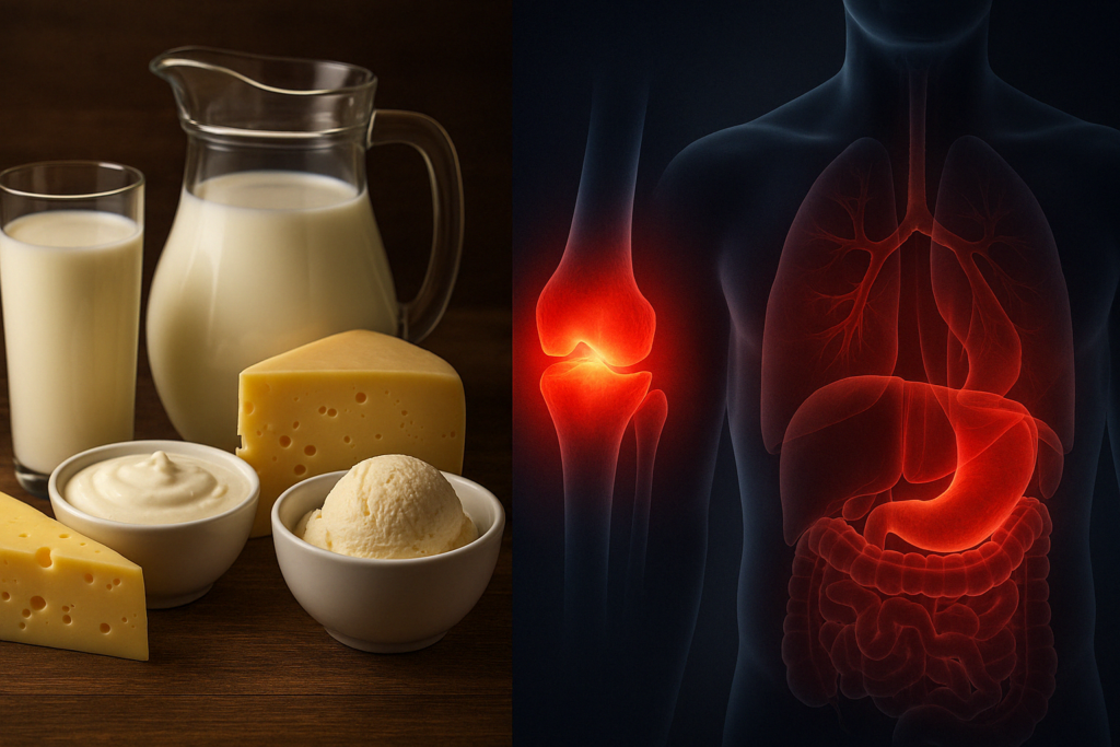 Table with milk, cheese, yogurt, and ice cream next to inflamed joints and digestive organs illustrating 5 worst foods for arthritis.