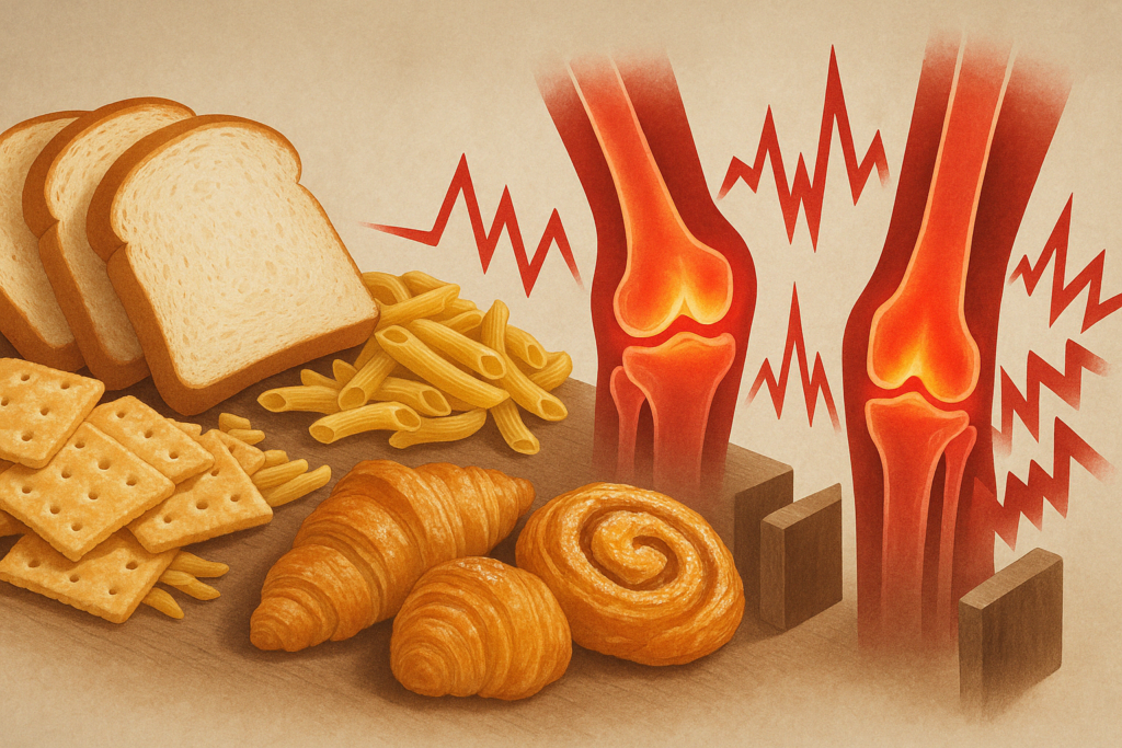 White bread, crackers, pasta, and pastries triggering inflamed joints and insulin spikes, illustrating 5 worst foods for arthritis