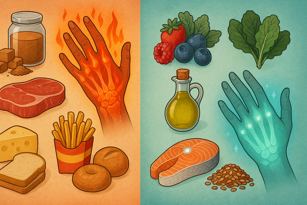 Visual comparison showing the 5 worst foods for arthritis causing joint inflammation versus anti-inflammatory foods promoting joint health