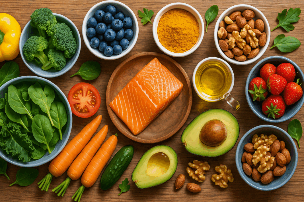 Flat-lay of fresh ingredients used in the best anti inflammatory recipes, including salmon, leafy greens, berries, turmeric, and olive oil.