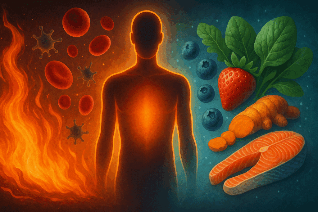 Conceptual landscape showing inflammation vs healing, with the best anti inflammatory recipes ingredients like berries, turmeric, and salmon.