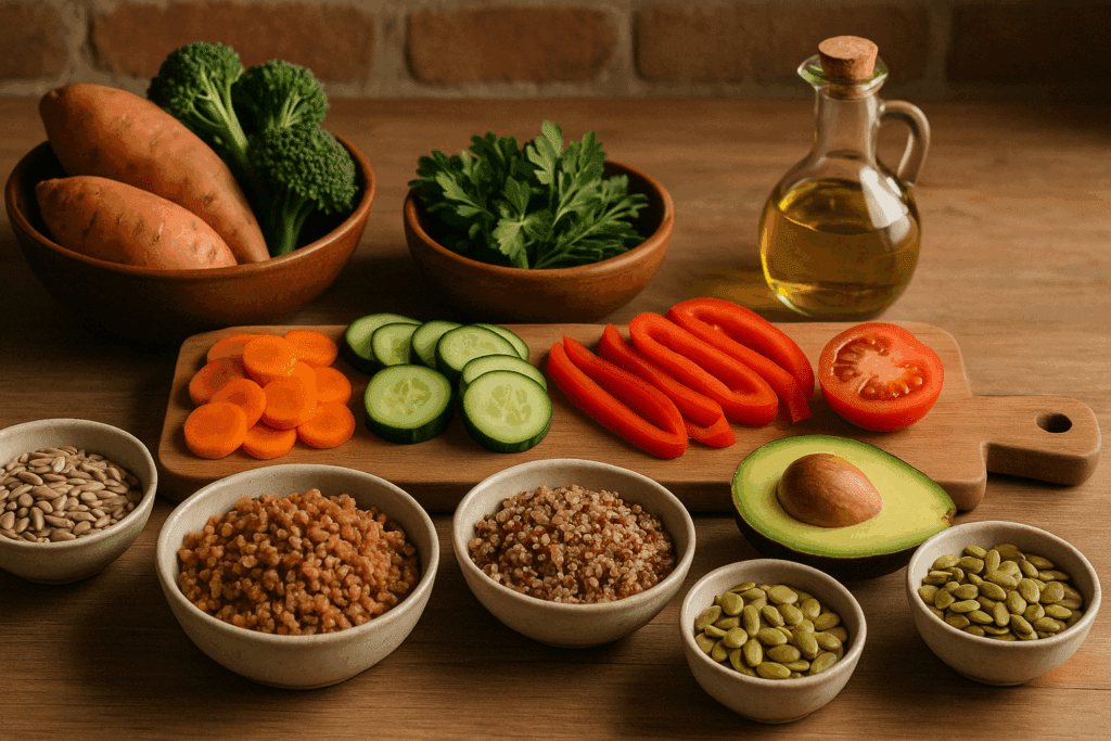 Meal prep ingredients for the best anti inflammatory recipes, including quinoa, avocado, seeds, colorful vegetables, and olive oil on a rustic kitchen counter.