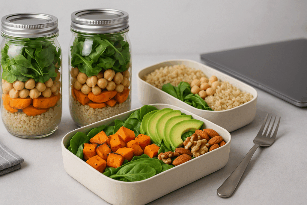 Quinoa, chickpea, sweet potato, avocado, and leafy green lunches in mason jars and bento boxes as part of the best anti inflammatory recipes