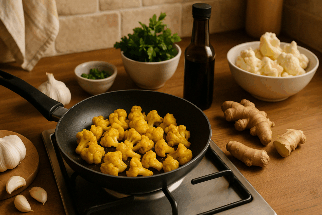 Turmeric cauliflower stir-fry in a pan with garlic, ginger, and herbs, showcasing one of the best anti inflammatory recipes.