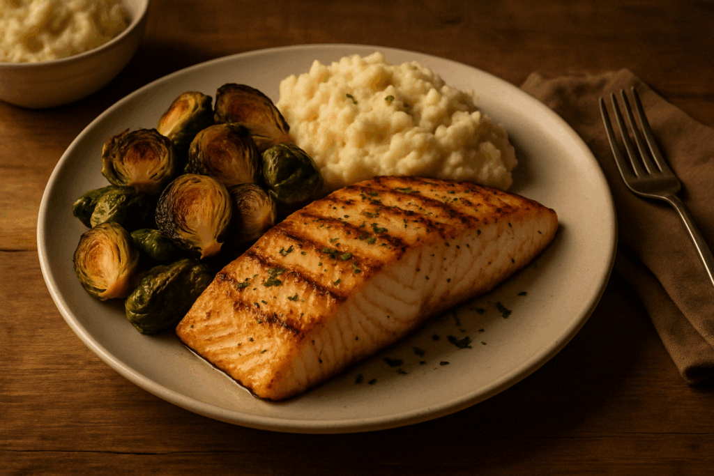 Grilled wild-caught salmon with roasted Brussels sprouts and garlic mashed cauliflower, featured in one of the best anti inflammatory recipes.