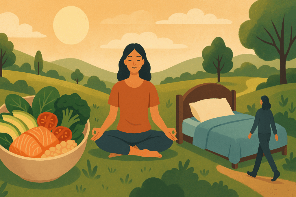Peaceful landscape with a bowl of the best anti inflammatory recipes, a woman meditating, a cozy bed, and a person walking in nature.
