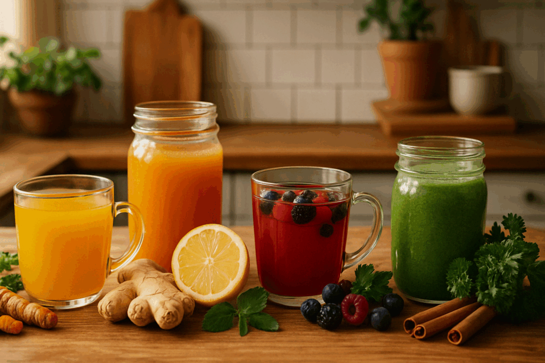 Rustic kitchen counter with jars and mugs of vibrant homemade anti inflammatory drinks surrounded by turmeric, ginger, lemons, berries, and fresh herbs.